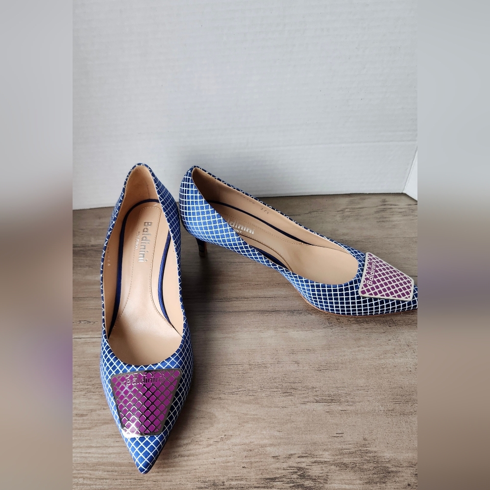 Baldinini Italian Designer Grid Print Kitten Heel Pumps Size 37.5 Made in Italy - Picture 4 of 16